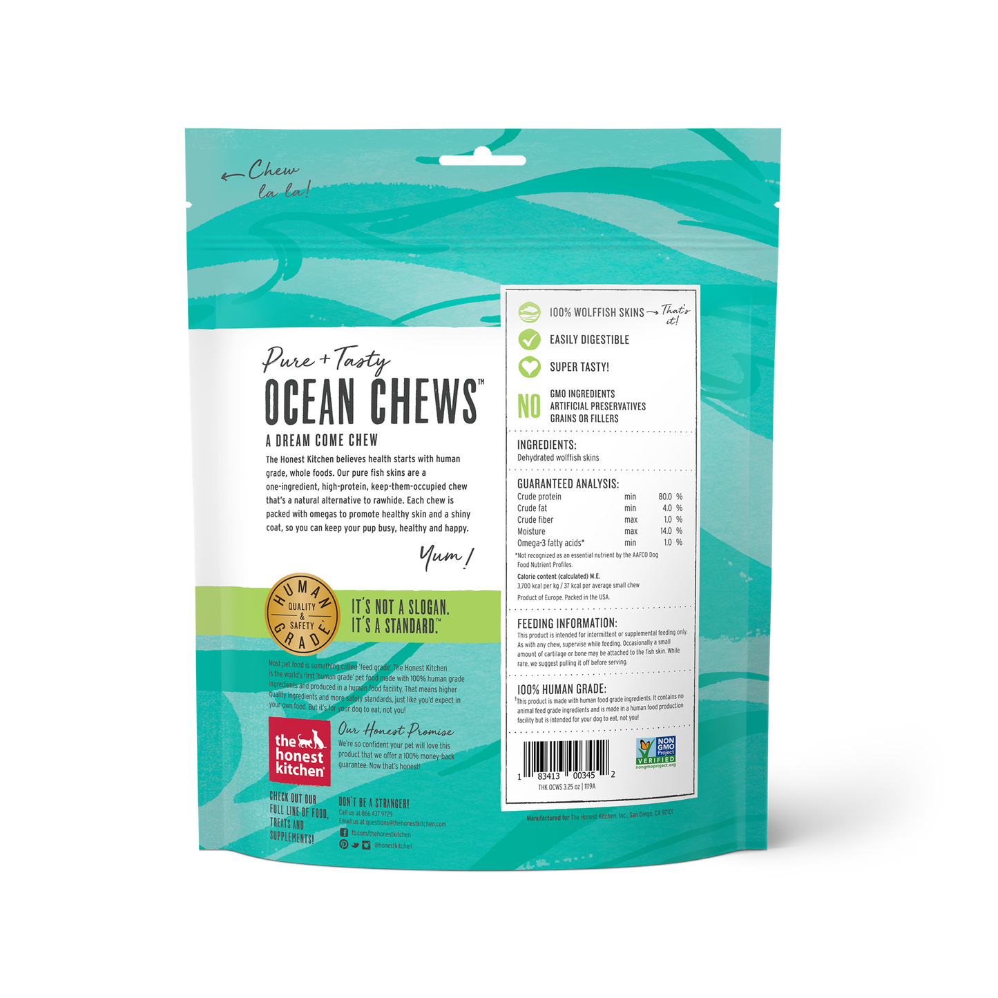 The Honest Kitchen Ocean Chews Beams Dog Treat Wolffish Skins 3.25oz