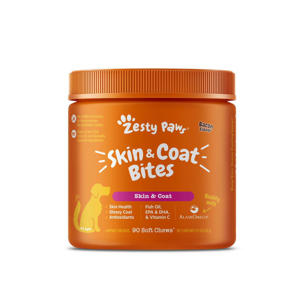 Zesty Paws Skin & Coat Bites Dog Supplements Bacon 90ct